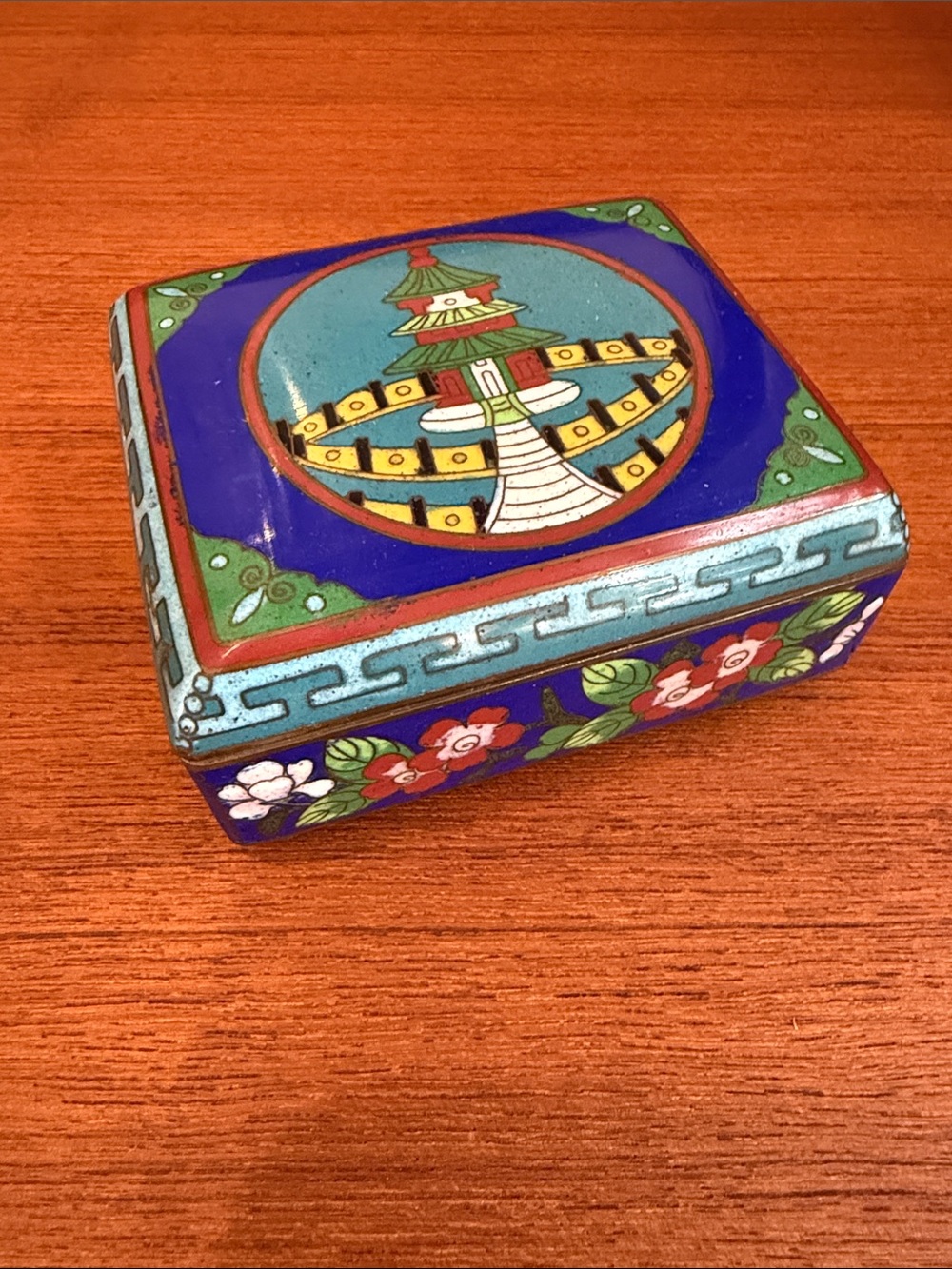 Vintage Cloisonné Trinket Box with Blue, Green and Red Pagoda Motif